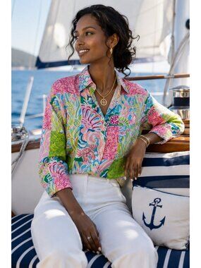 Cotton Connection L Patchwork Coastal Shirt Pink Green Crab Fish Button Front St